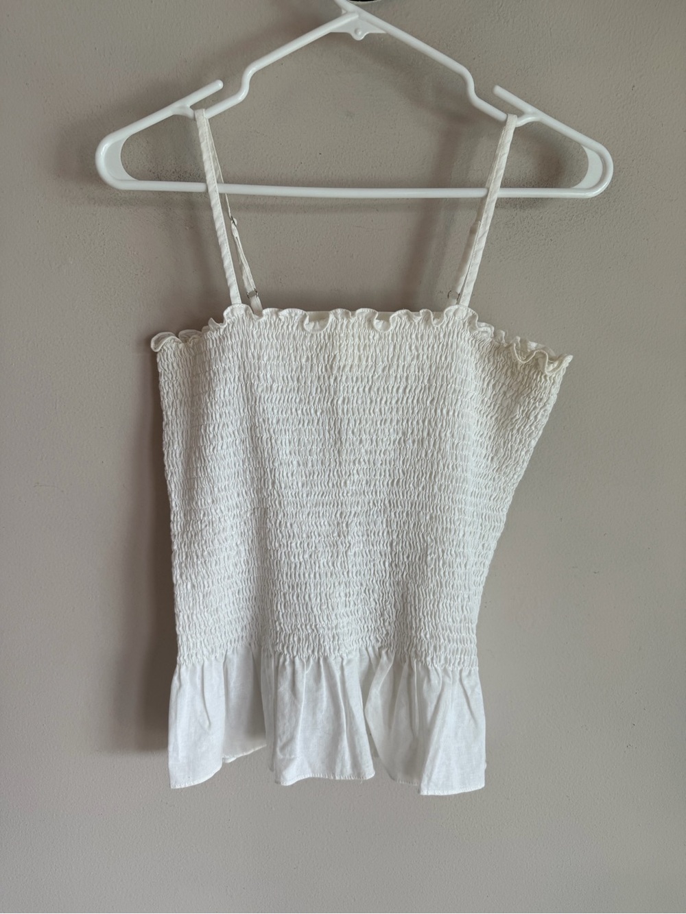Maeve Anthropologie White Smocked Peplum Camisole Top Adjustable Straps Small